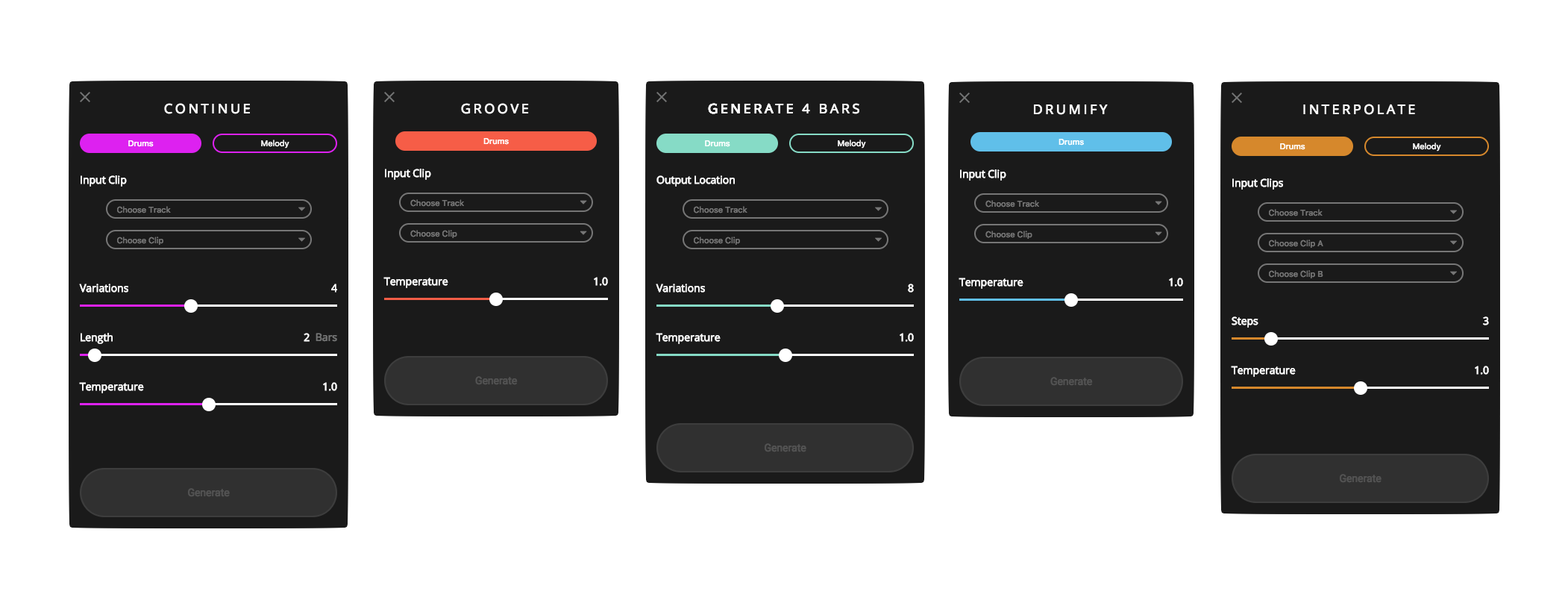 side by side of 5 plugins titled continue, groove, generate, drumify, and interpolate