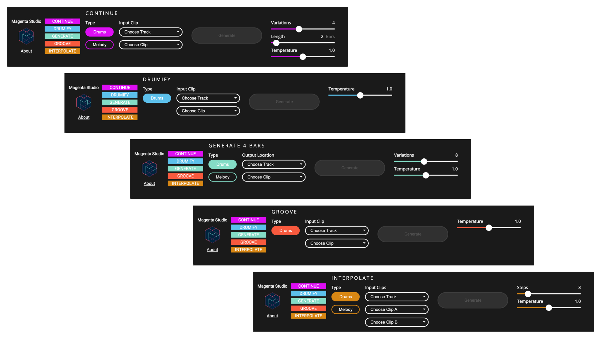 side by side of 5 plugins titled continue, groove, generate, drumify, and interpolate