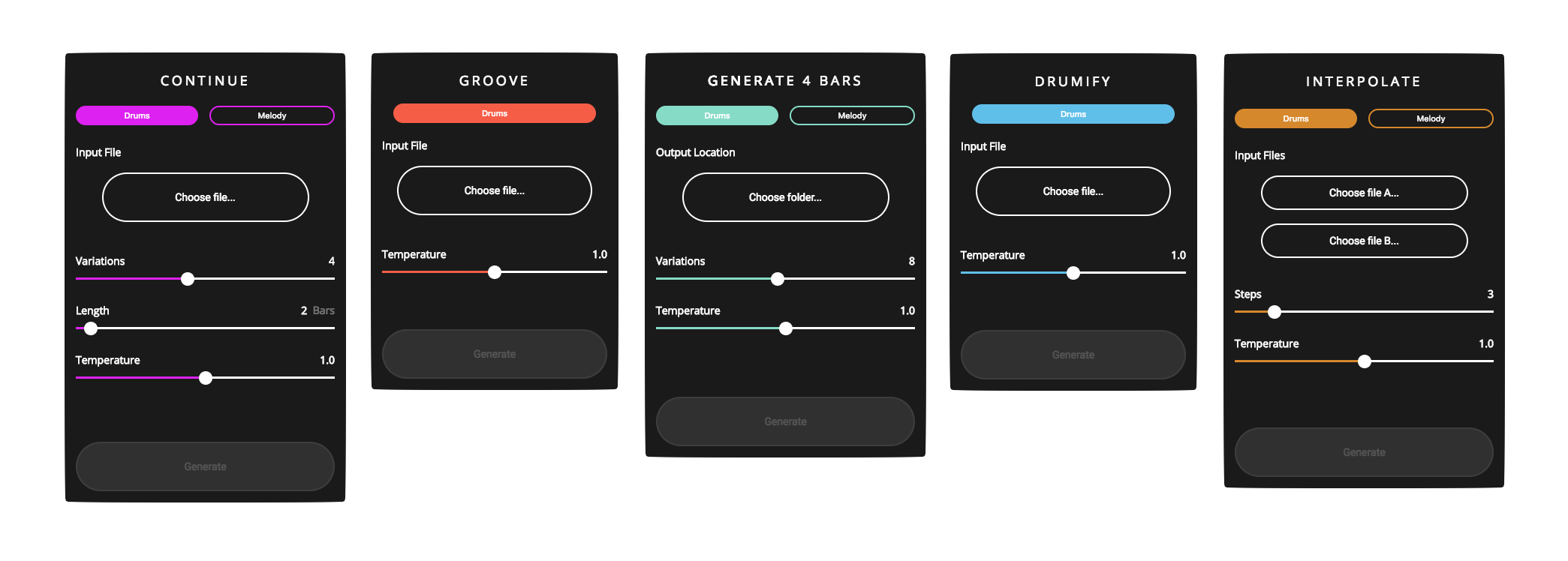 side by side of 5 plugins titled continue, groove, generate, drumify, and interpolate